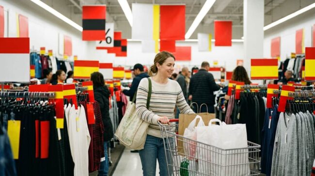 Persona comprando ropa en tienda con grandes descuentos y carteles de ofertas.