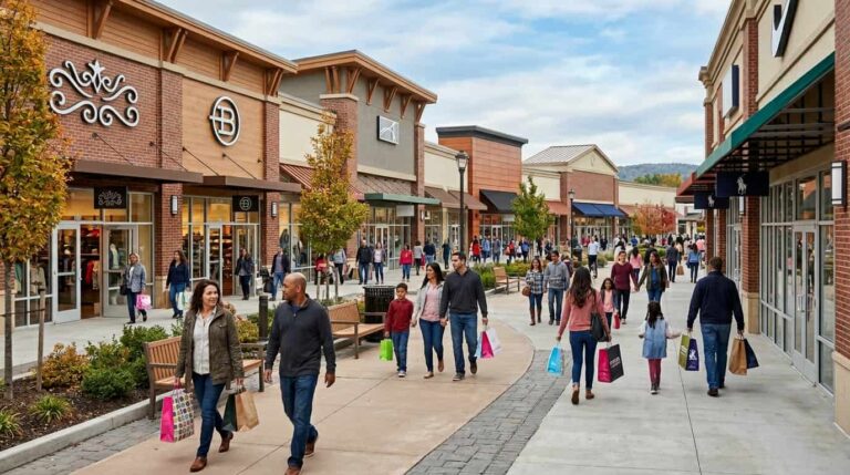 Personas comprando en un outlet en Estados Unidos con bolsas y tiendas de marcas.