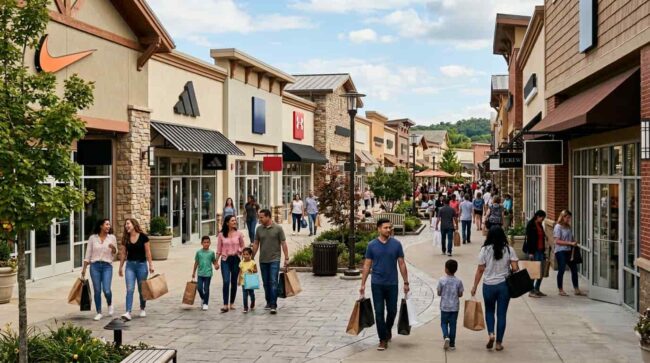 Personas comprando en outlets de Estados Unidos con tiendas de marcas reconocidas