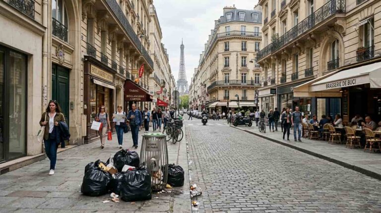 Calle de Par&iacute;s con bolsas de basura acumuladas en la vereda y la Torre Eiffel al fondo, en una nota sobre el plan de limpieza de la ciudad.