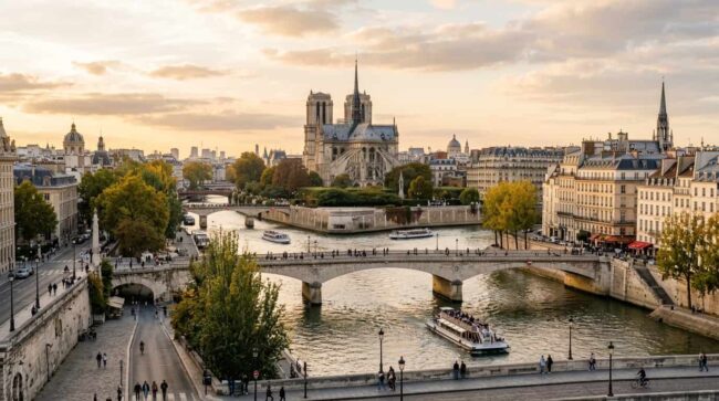 Vista panorámica de París con el río Sena y Notre Dame, en una nota sobre el plan para mejorar la limpieza de la ciudad.