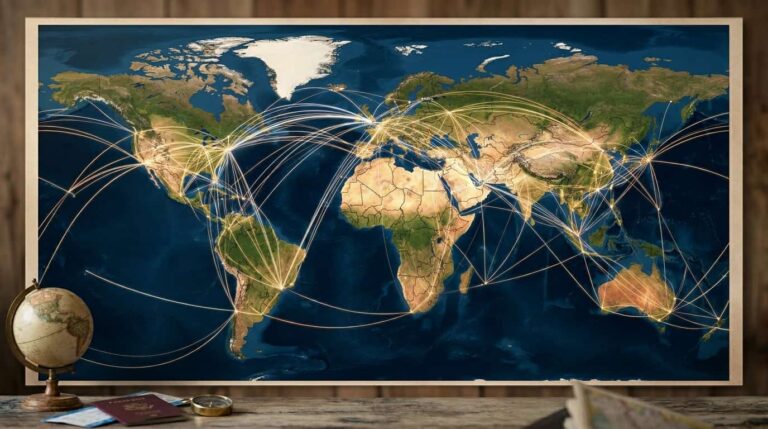 Mapa mundial con rutas de vuelos, ejemplo de pasaje vuelta al mundo con m&uacute;ltiples destinos