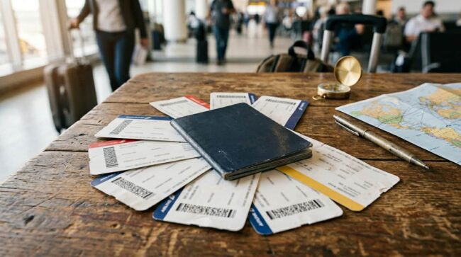 Pasaporte y varios tickets de avión, ejemplo de pasaje vuelta al mundo con múltiples vuelos