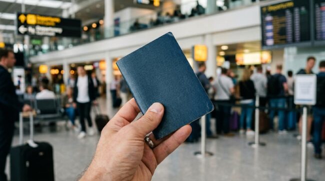 Persona sosteniendo un pasaporte en un aeropuerto antes de un vuelo internacional