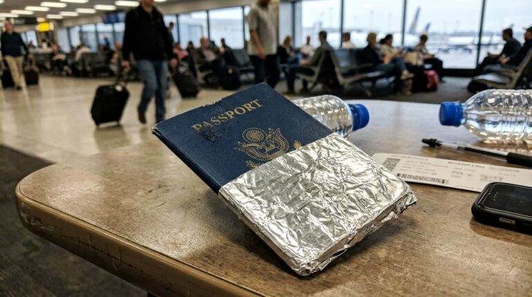 Pasaporte envuelto en papel aluminio sobre una mesa en un aeropuerto, en referencia al truco viral para proteger datos del documento