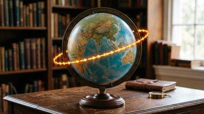 Globo terráqueo con ruta marcada alrededor del mundo, ejemplo de recorrido de un pasaje vuelta al mundo