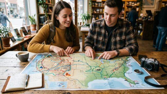 Pareja planificando un viaje por Estados Unidos sobre un mapa, una imagen que representa el interés creciente por las secondary cities y los destinos menos obvios que ganan viajeros.