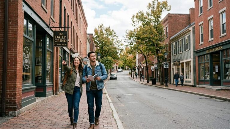 Pareja caminando por una calle tranquila de una ciudad peque&ntilde;a de Estados Unidos, una imagen que representa el auge de las secondary cities como destinos menos obvios que ganan viajeros.