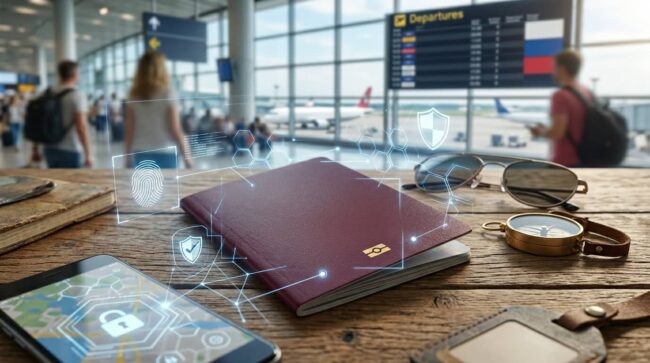 Pasaporte en un aeropuerto con ilustraciones digitales de seguridad biométrica y protección de datos, en referencia a la seguridad del chip del documento