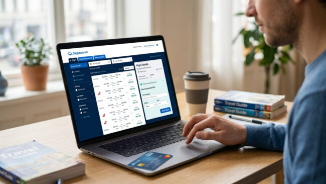 Skyscanner es confiable: cómo comparar vuelos antes de comprar Persona comparando vuelos en Skyscanner desde una computadora portátil, una imagen que representa el proceso de revisar precios, condiciones y datos de pago antes de comprar un pasaje online.