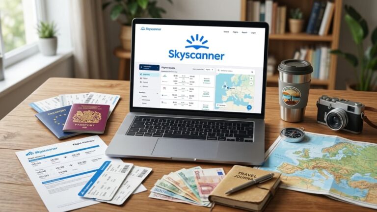 Notebook con la página de Skyscanner abierta junto a pasaportes, pasajes, dinero y mapa de viaje, una imagen que representa la búsqueda de vuelos y las dudas sobre si Skyscanner es confiable antes de comprar.
