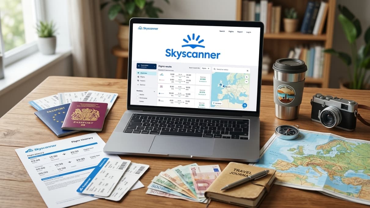 Notebook con la página de Skyscanner abierta junto a pasaportes, pasajes, dinero y mapa de viaje, una imagen que representa la búsqueda de vuelos y las dudas sobre si Skyscanner es confiable antes de comprar.