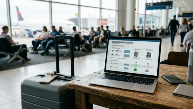 Computadora con una reserva de vuelo abierta en una sala de aeropuerto junto a una valija, una imagen que representa la revisión de tarifas, equipaje y condiciones antes de comprar por Skyscanner.