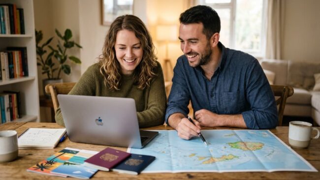 Skyscanner es confiable: cómo planificar y comprar vuelos online Pareja planificando un viaje con una computadora, pasaportes y mapa sobre la mesa, una imagen que representa la búsqueda de vuelos online y las dudas antes de comprar por Skyscanner.