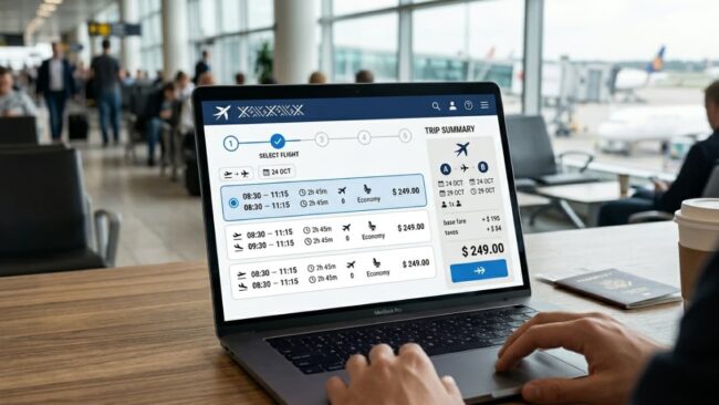 Persona revisando opciones de vuelos en una computadora dentro de un aeropuerto, una imagen que representa la comparación de precios y condiciones antes de reservar con Skyscanner.