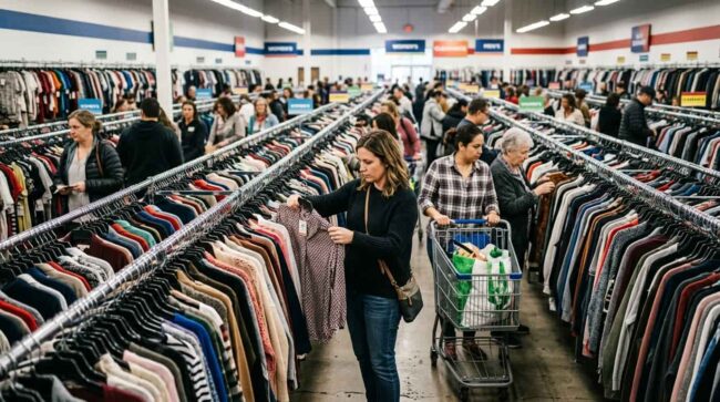 Personas comprando ropa barata en una tienda de descuentos en Estados Unidos
