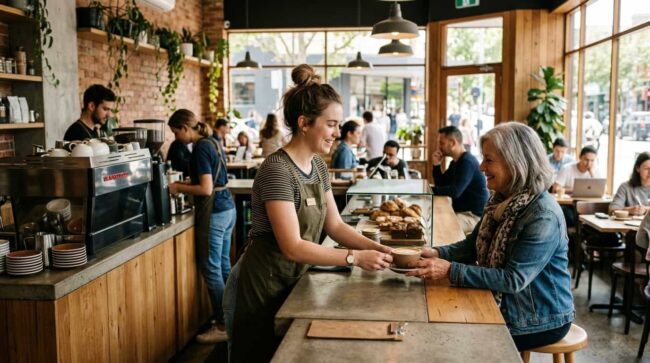 Estudiante trabajando en una cafetería atendiendo a una clienta, empleo típico para quienes estudian en el exterior.