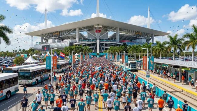 Multitud de personas llegando al Hard Rock Stadium en Miami con transporte público y buses durante un evento.