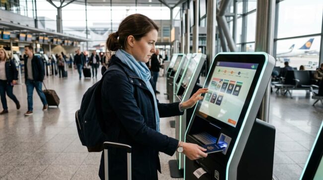 Viajera validando el tax free en una máquina del aeropuerto para pedir la devolución del IVA en España con DIVA.