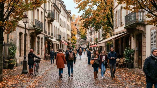 Calle europea en otoño con turistas, ideal para viajar más barato en temporada media