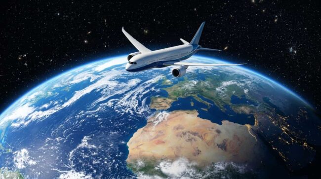 Avión sobre el planeta Tierra representando un viaje vuelta al mundo con múltiples destinos