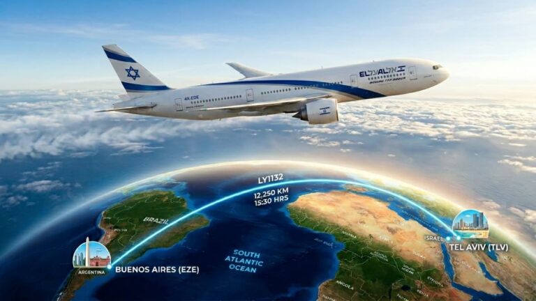 Ruta del vuelo directo Buenos Aires a Tel Aviv mostrando distancia y recorrido entre Argentina e Israel