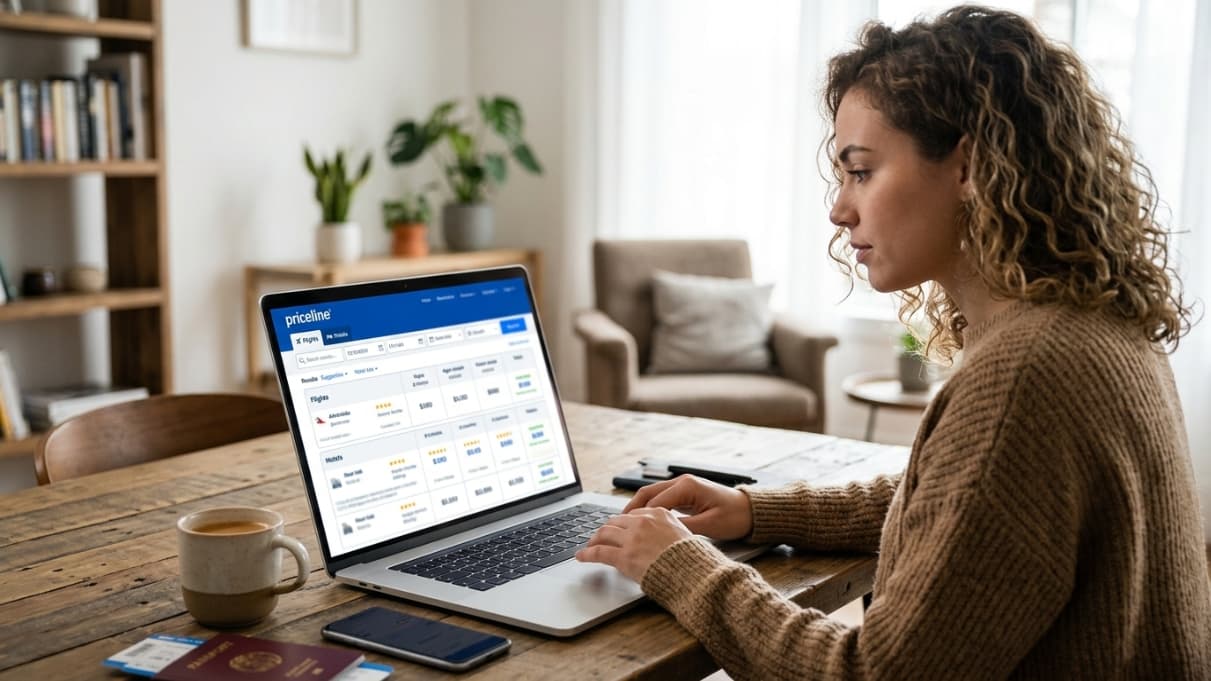 Viajera revisando precios de hoteles y vuelos en Priceline desde una laptop antes de reservar un viaje.