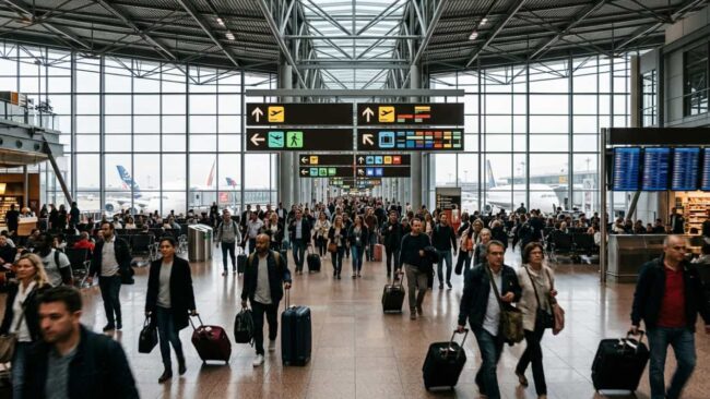 Pasajeros caminan por una terminal de aeropuerto durante conexiones y vuelos internacionales.