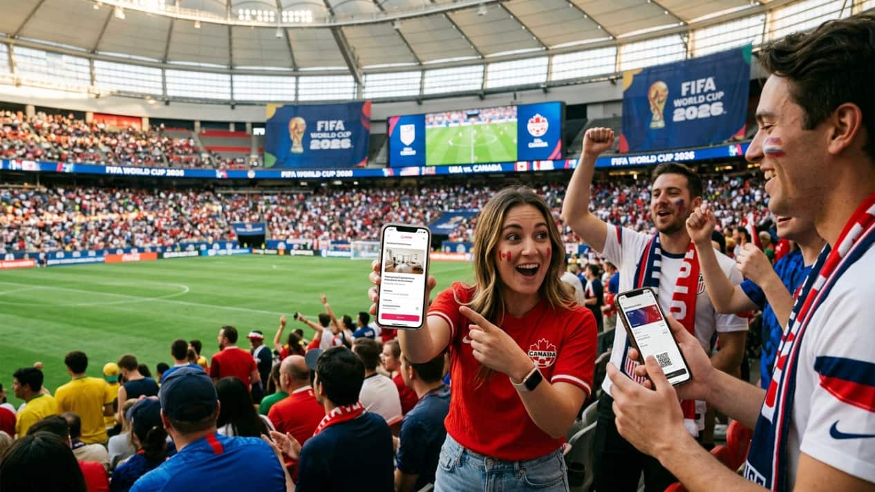 Hinchas en un estadio del Mundial 2026 muestran sus celulares, imagen relacionada con entradas y reservas de alojamiento en Airbnb.