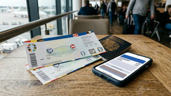 Entradas para el Mundial 2026 junto a un pasaporte y un celular, imagen relacionada con viajes, boletos y reservas de alojamiento.
