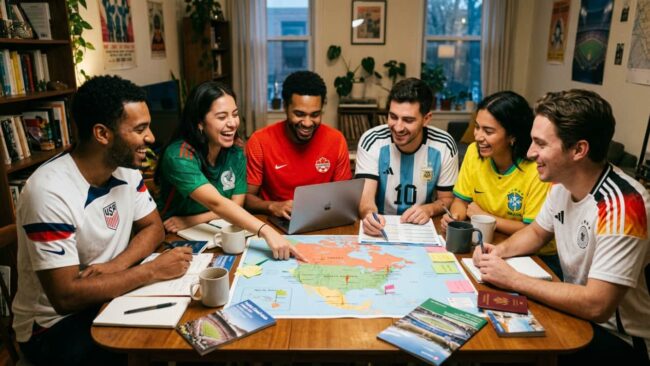 Grupo de hinchas planificando un viaje al Mundial 2026 con mapa, computadora y documentos de viaje.