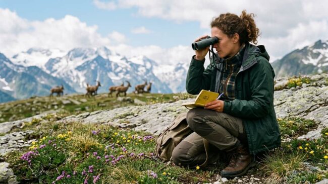 Voluntaria observando fauna en los Alpes italianos, imagen relacionada con una convocatoria para vivir un mes en la montaña con gastos cubiertos.