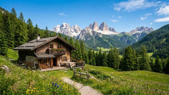 Alojamiento en los Alpes italianos para voluntarios Cabaña de montaña en los Alpes italianos, imagen relacionada con una convocatoria para vivir un mes como voluntario con alojamiento incluido.