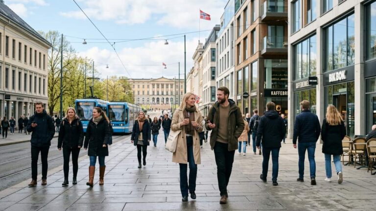 Personas caminando por una calle de Oslo con tranv&iacute;a al fondo y banderas de Noruega, imagen vinculada a un art&iacute;culo sobre la altura media en Noruega.