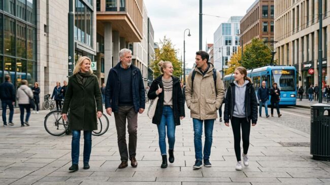Familia caminando por una calle de Oslo, imagen relacionada con un artículo sobre la altura media en Noruega y la estatura de los nórdicos.