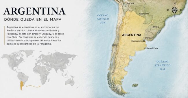 Dónde queda Argentina en el mapa de América del Sur Mapa de Argentina en América del Sur con ubicación de Buenos Aires y países limítrofes