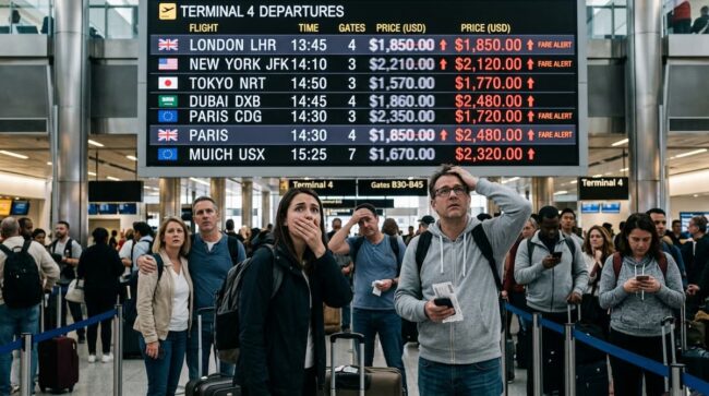 personas se agarran la cabeza al ver en las pantallas los precios de los tkts aereos