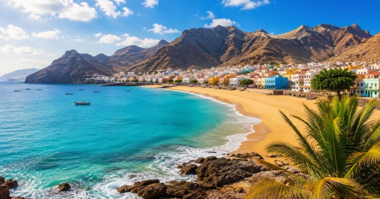 Vista panor&aacute;mica de una playa de arena dorada en Cabo Verde, con mar turquesa, un pueblo costero de casas coloridas y monta&ntilde;as al fondo.