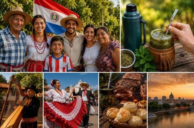 Familia paraguaya compartiendo tereré al aire libre junto a expresiones culturales tradicionales del país.