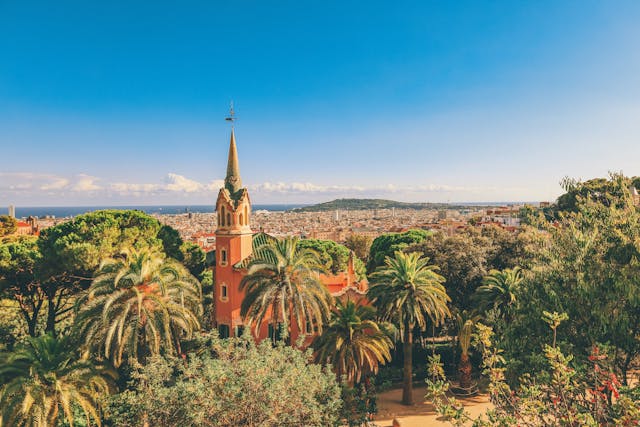 Vista panorámica de Barcelona desde una zona elevada, con palmeras, edificios y el mar Mediterráneo al fondo.