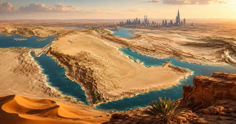 Mapa de Arabia Saudita en Medio Oriente, ubicada entre el mar Rojo y el golfo P&eacute;rsico