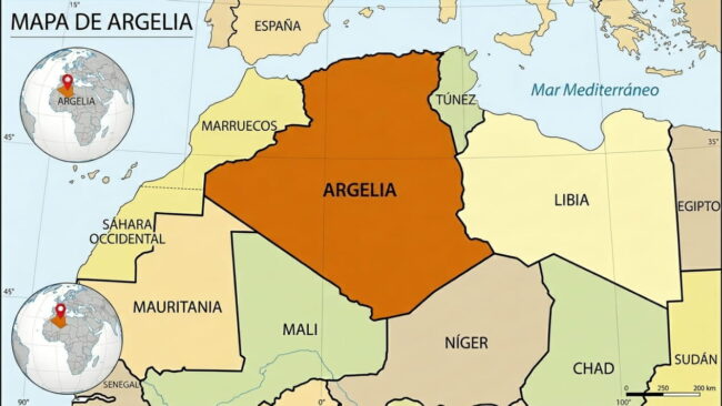Mapa de Argelia en el norte de África, con sus límites con Marruecos, Túnez, Libia, Níger, Mali y Mauritania.