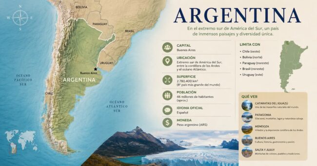 Infografía de Argentina con mapa y datos importantes para el viajero. Infografía de Argentina con mapa, capital, ubicación, países limítrofes y destinos turísticos destacados