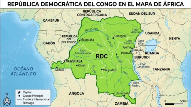 Mapa de la República Democrática del Congo en África central, con Kinshasa, el río Congo y sus límites con Angola, Zambia, Uganda, Ruanda, Burundi, Tanzania, Sudán del Sur, República Centroafricana y República del Congo.