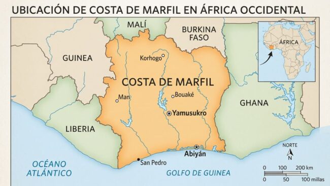 Mapa de Costa de Marfil, capital y países limítrofes Mapa de Costa de Marfil en África occidental, con Yamusukro, Abiyán y sus límites con Ghana, Liberia, Guinea, Malí y Burkina Faso.