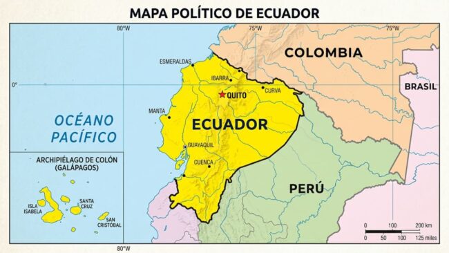 Mapa político de Ecuador con Quito, Guayaquil, Cuenca, las islas Galápagos y sus límites con Colombia y Perú.