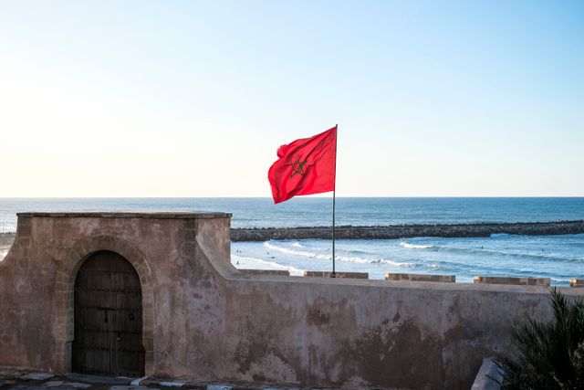 Marruecos frente al océano Atlántico Bandera de Marruecos frente al océano Atlántico, imagen relacionada con una guía sobre dónde queda Marruecos y qué ver.