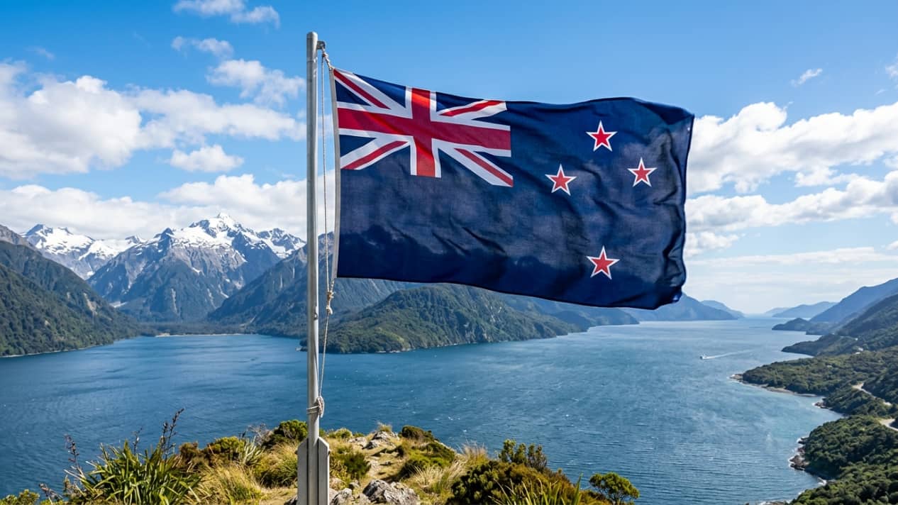 Bandera de Nueva Zelanda frente a un paisaje de fiordos, montañas nevadas y lagos en la Isla Sur.