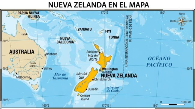 Mapa de Nueva Zelanda en Oceanía, con la Isla Norte, la Isla Sur, Wellington, Auckland, Christchurch y su ubicación cerca de Australia.
