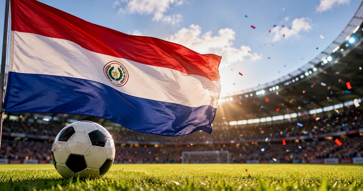 Bandera de Paraguay junto a un balón de fútbol en un estadio iluminado durante el Mundial 2026.
